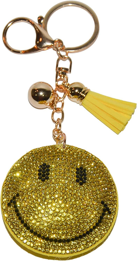 Yellow Smiley Face Keychain, Rhinestone Happy Face Purse Charm, Bling Backpack Key Fob, Crystal Bag Charms