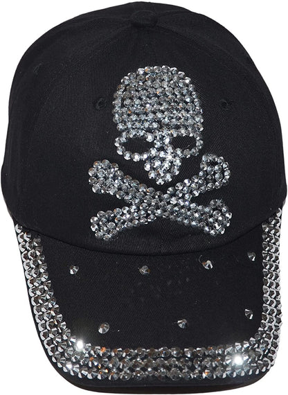 Popfizzy Skull Hat for Women and Girls, Biker Trucker Hat, Rhinestone Sparkle Bling Black Baseball Caps, Pirate Hat