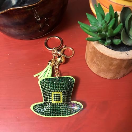 Popfizzy St Patty's Day Hat Keychain for Women and Girls, Bling Irish Green Leprechaun Hat Purse Charm, St Pattys Day Gift