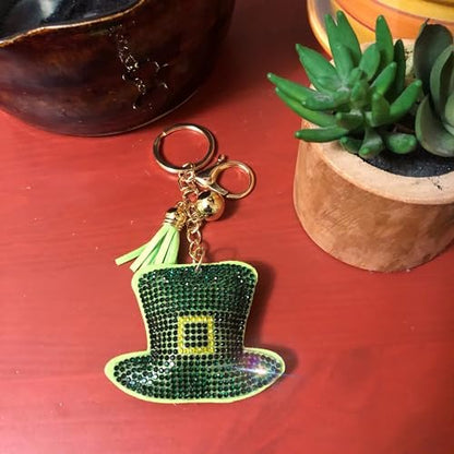 Popfizzy St Patty's Day Hat Keychain for Women and Girls, Bling Irish Green Leprechaun Hat Purse Charm, St Pattys Day Gift