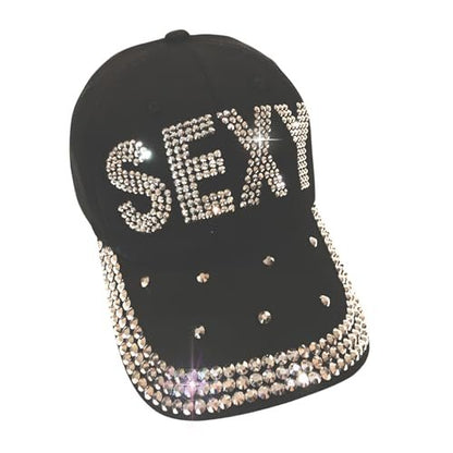 Popfizzy Rhinestone Baseball Cap for Women and Girls, Cute Bedazzled Hats, Shiny Bling Denim and Diamond Hat, Sexy Black