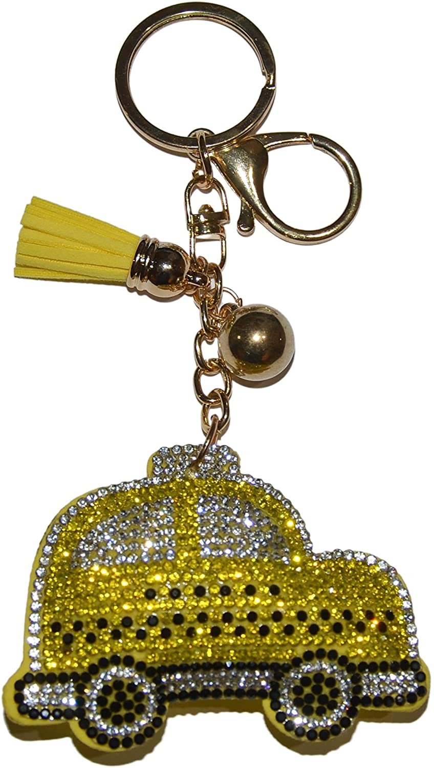 Yellow Taxi Cab Keychain for Women and Girls Rhinestone Backpack Accessories, Purse Charms, Cute Tassel Key Chain Key Fob