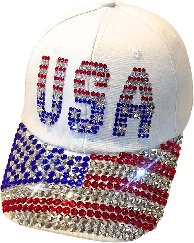 Popfizzy Handmade Rhinestone American Flag Hats for Women, July 4th Ballcaps, Bedazzled USA Hats, Bling American Flag Gifts