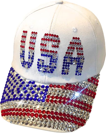 Popfizzy Handmade Rhinestone American Flag Hats for Women, July 4th Ballcaps, Bedazzled USA Hats, Bling American Flag Gifts