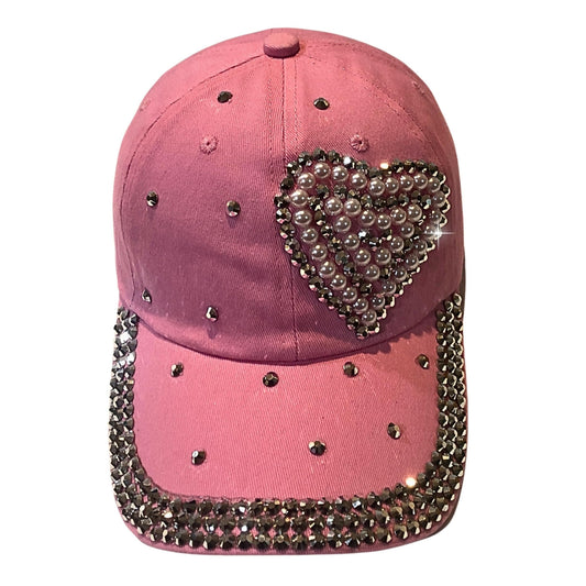 Popfizzy Pearl Heart Hat with Rhinestones for Women, Bling Heart Accessories, Bedazzled Baseball Cap, Bling Gifts for Women