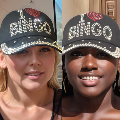 Popfizzy Bingo Lover Baseball Hat for Women, Black Bling Rhinestone I Love Bingo Hat, Adult Bedazzled Bingo Gift