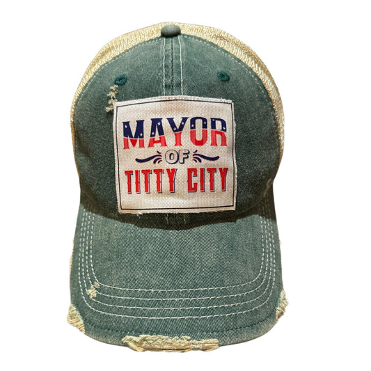 Popfizzy Funny Vintage Trucker Hats for Men, Adult Humor Caps, Titties Inappropriate Baseball Cap (Mayor of Titty City)