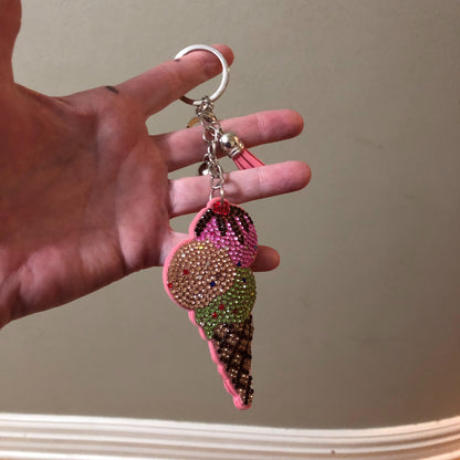 Popfizzy Rhinestone Ice Cream Keychain for Women and Girls, Ice Cream Cone Backpack Keychain, Bling Ice Cream Gifts for Women