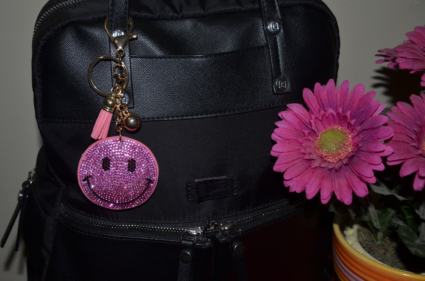 Pink Happy Face Keychains for Women Girls – Crystal Purse Charm – Backpack Charms