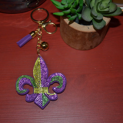 Popfizzy Mardi Gras Fleur De Lis Keychain, Bling Backpack Key Chain, Rhinestone Purse Charms, Crystal Key Fob