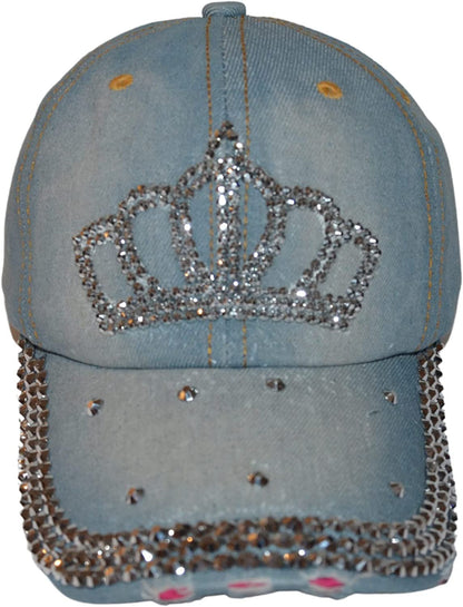 Popfizzy Bling Hat for Women and Girls, Fun Rhinestone Baseball Cap, Bejeweled Distressed Denim Hat, Bling Gifts for Women