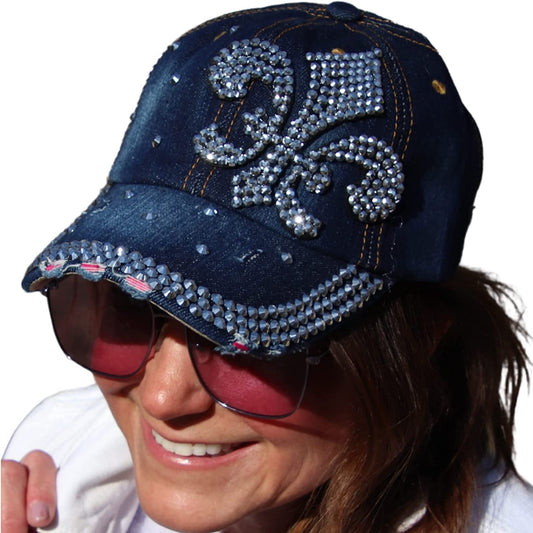 Popfizzy Womens Bling Fleur de Lis Baseball Cap, Blue, Cotton, NOLA Gift