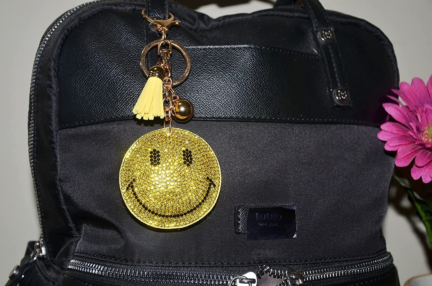 Yellow Smiley Face Keychain, Rhinestone Happy Face Purse Charm, Bling Backpack Key Fob, Crystal Bag Charms