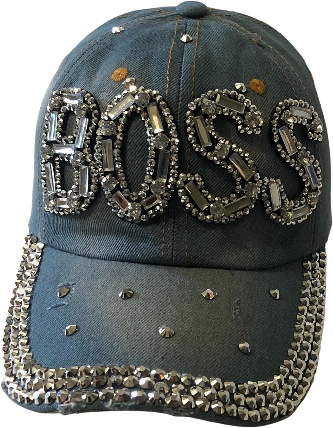 Popfizzy Bling Light Blue Denim Boss Baseball Cap for Women, Best Boss Gifts for Women, Rhinestone Boss Hat, Gifts for Boss Women