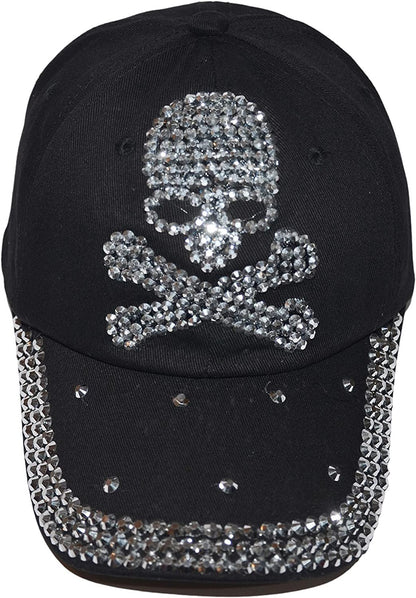 Popfizzy Skull Hat for Women and Girls, Biker Trucker Hat, Rhinestone Sparkle Bling Black Baseball Caps, Pirate Hat
