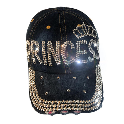 Bling Princess with Crown Rhinestone Hat for Women, Bedazzled Denim Blue, One Size Fits All