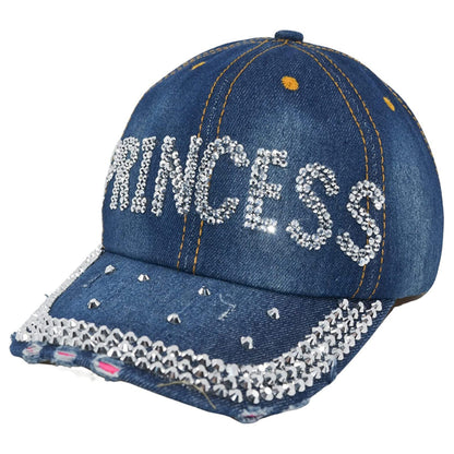 Bedazzled Princess Crown Rhinestone Hat, Bling Denim Baseball Cap for Women