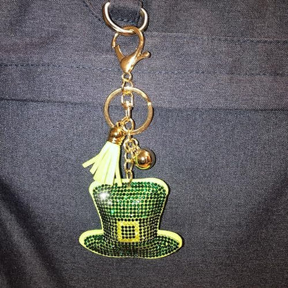 Popfizzy St Patty's Day Hat Keychain for Women and Girls, Bling Irish Green Leprechaun Hat Purse Charm, St Pattys Day Gift