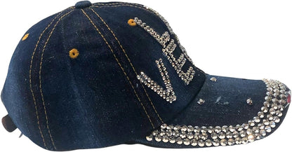 Popfizzy Las Vegas Hat for Women, Adult Distressed Bling Denim Blue Hat