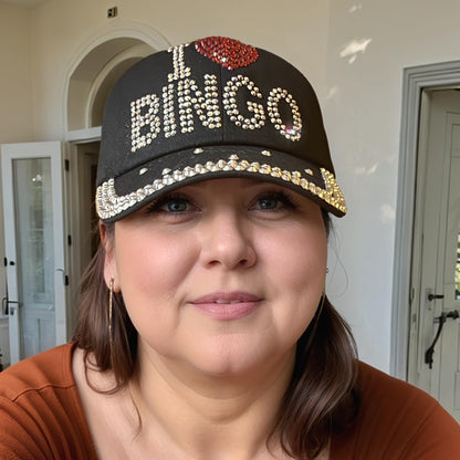 Popfizzy Bingo Lover Baseball Hat for Women, Black Bling Rhinestone I Love Bingo Hat, Adult Bedazzled Bingo Gift