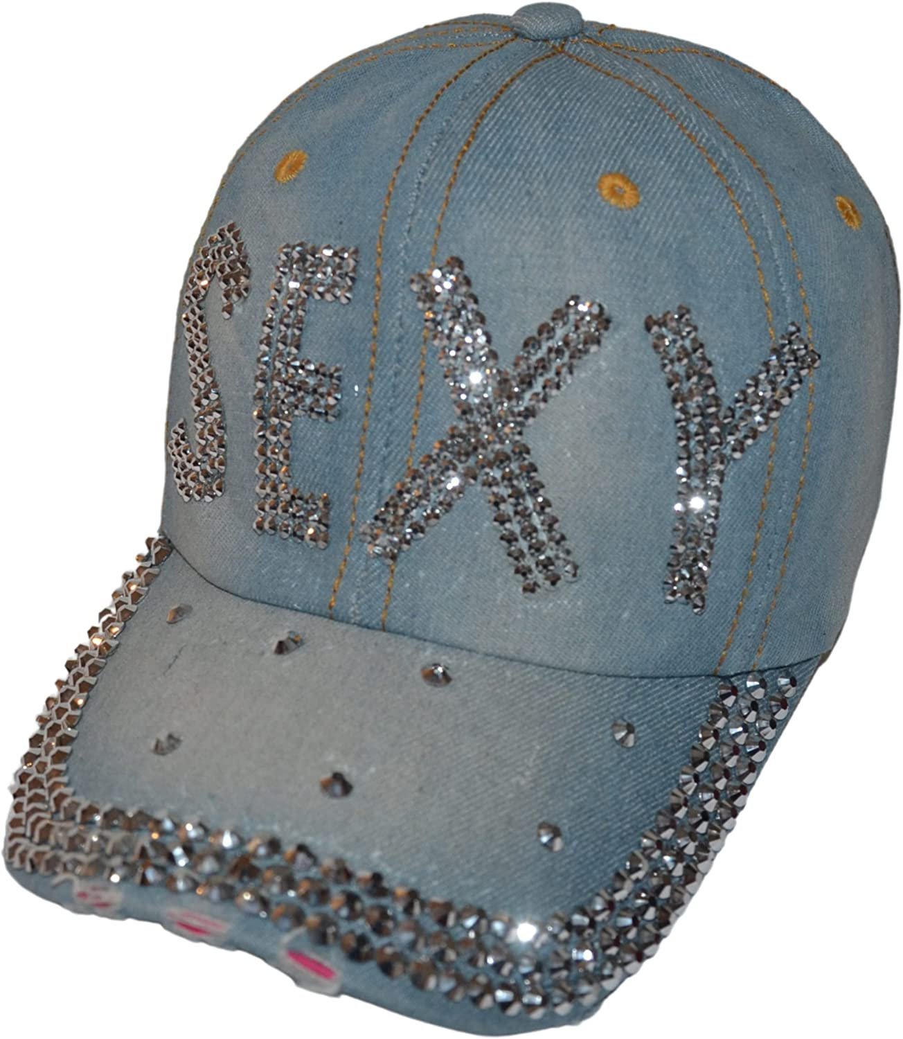 Popfizzy Womens Bling Cap, Rhinestone Baseball Cap, Bejeweled Distressed Denim Hat, Bling Gifts for Women