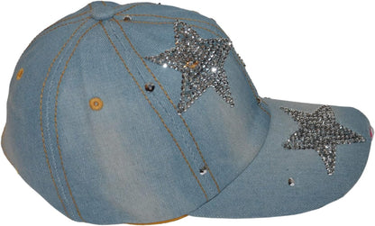 Popfizzy Womens Bling Cap, Star Rhinestone Baseball Cap, Bejeweled Distressed Denim Hat, Bling Gifts for Women
