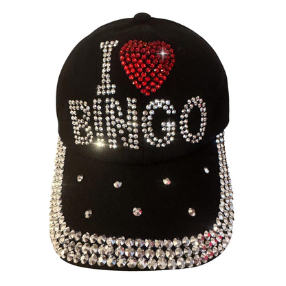 Popfizzy Bingo Lover Baseball Hat for Women, Black Bling Rhinestone I Love Bingo Hat, Adult Bedazzled Bingo Gift