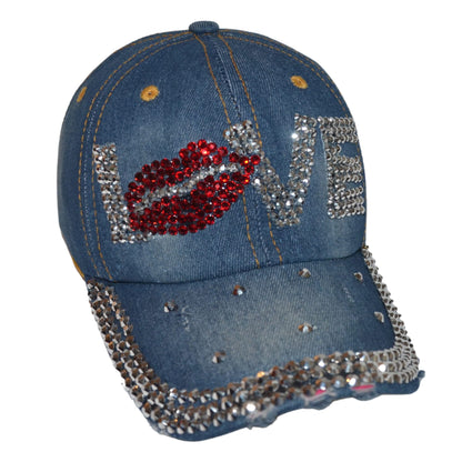 Popfizzy Bling Love Cap for Women, Rhinestone Love Hat, Bedazzled Baseball Caps, Distressed Denim Hats, Fancy Bejeweled Hats, Bling Gifts for Women