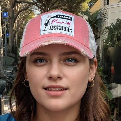 Popfizzy Funny Vintage Trucker Hats for Wine Drinkers, Adult Humor Caps, Distressed Baseball Cap (I Make Pour Decisions)