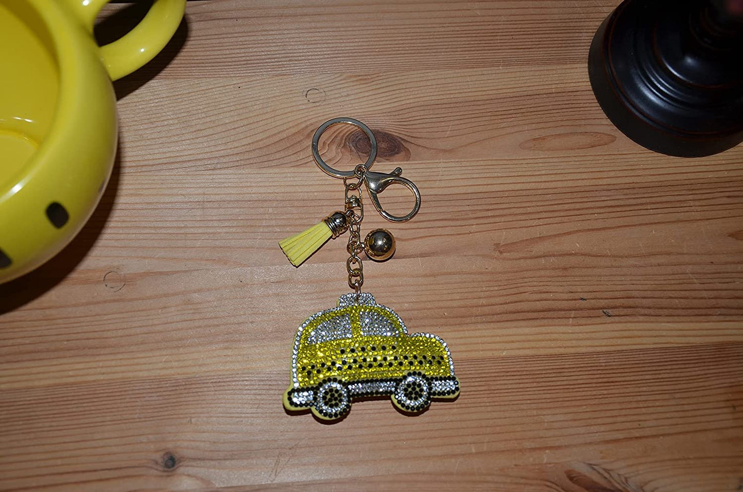 Yellow Taxi Cab Keychain for Women and Girls Rhinestone Backpack Accessories, Purse Charms, Cute Tassel Key Chain Key Fob
