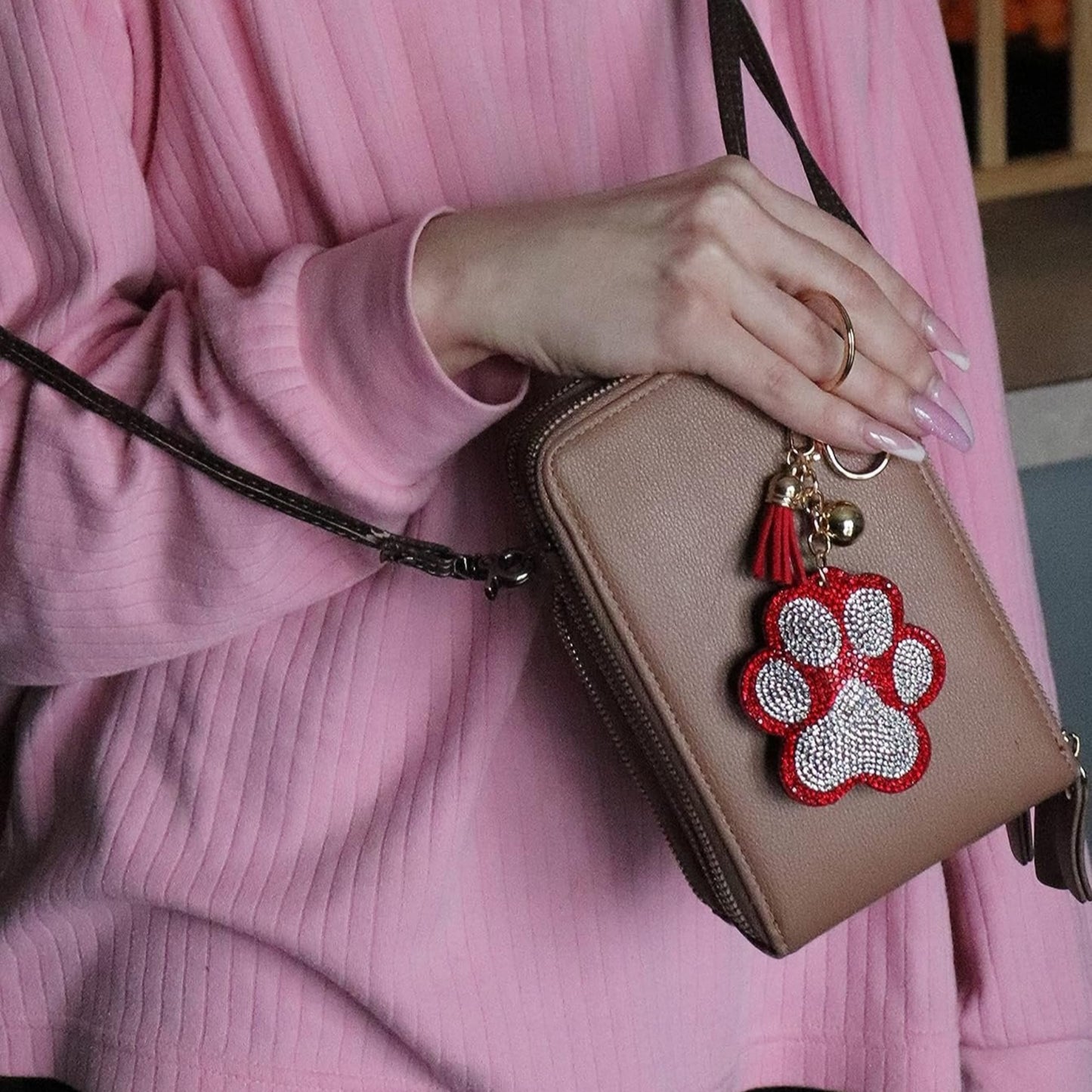 Popfizzy Bling Red Paw Print Keychain for Women and Girls Rhinestone Purse Charms Backpack Accessories