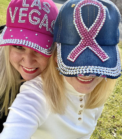 Popfizzy Women’s Distressed Rhinestone Bejeweled Cotton Baseball Hat Sparkle Bling Cap (Pink Ribbon)