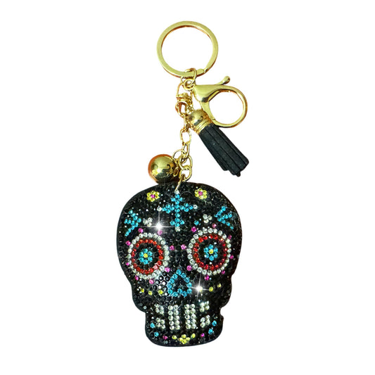 Popfizzy Two Sided Black Sugar Skull Keychain for Women and Girls, Bling Purse Charm, Rhinestone Bag Charm, Sugar Skull Gift