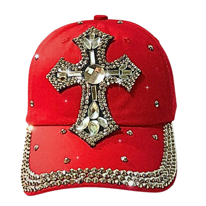 Popfizzy Bedazzled Cross Hat for Women, Rhinestone Hat with Cross on It, Bling Christian Hats, Bling Gifts for Women (Red)