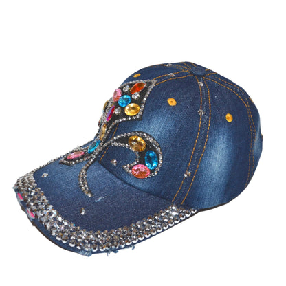 Popfizzy Womens Bling MC Fleur de Lis Baseball Cap, Blue, Cotton, NOLA Gift