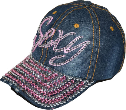 Popfizzy Rhinestone Sexy Hat for Women, Bling Denim Baseball Cap with Words, Fancy Ballcap
