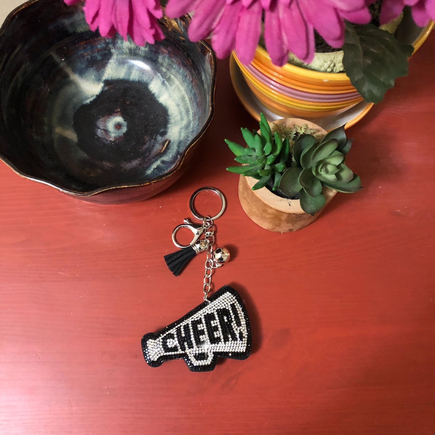 Popfizzy Silver Cheer Keychain for Girls and Women, Rhinestone Cheer Bag Charm, Cheerleader Gifts, Cheer Backpack Keyring