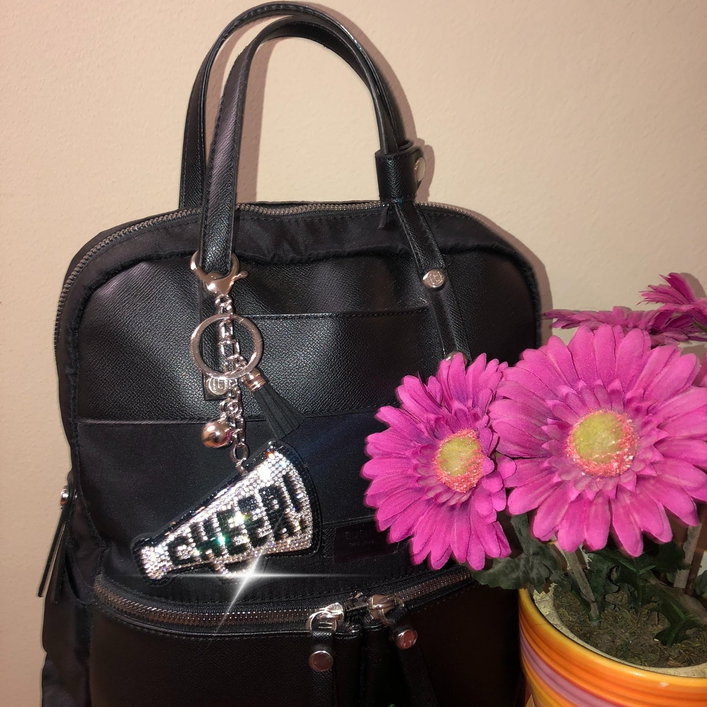 Popfizzy Silver Cheer Keychain for Girls and Women, Rhinestone Cheer Bag Charm, Cheerleader Gifts, Cheer Backpack Keyring
