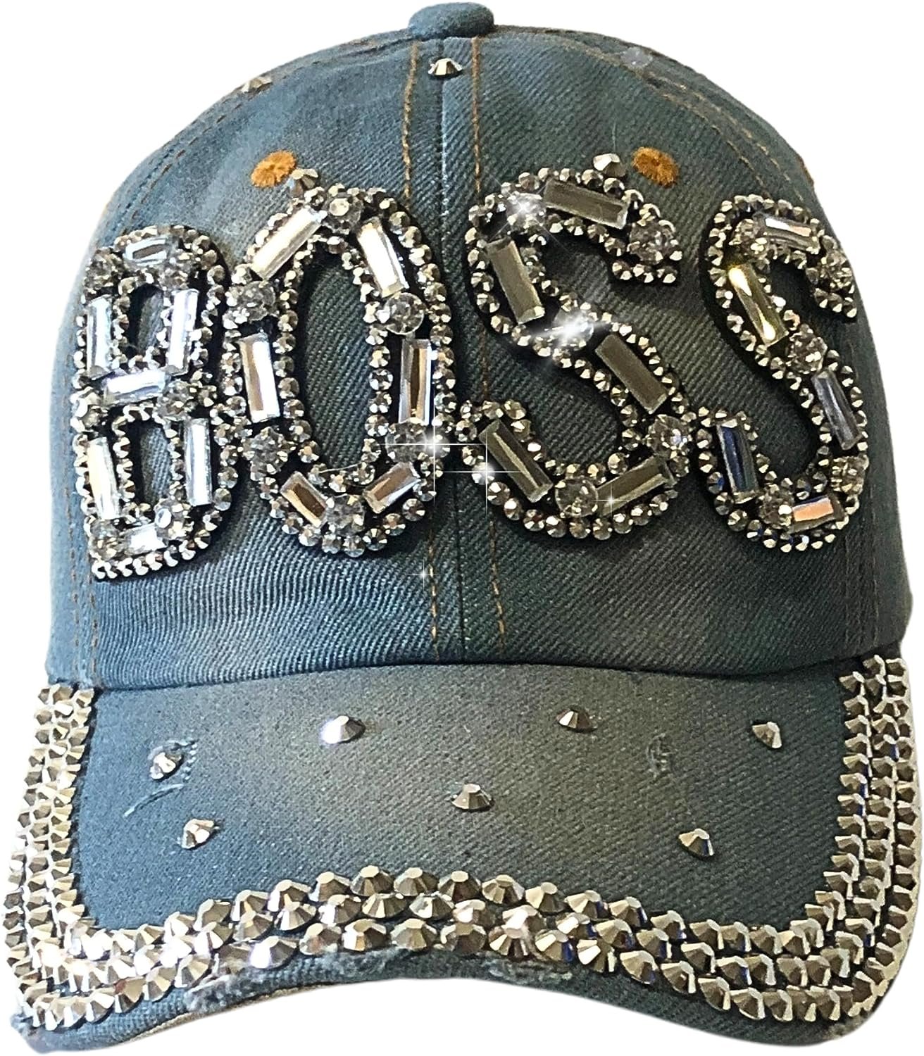 Popfizzy Bling Light Blue Denim Boss Baseball Cap for Women, Best Boss Gifts for Women, Rhinestone Boss Hat, Gifts for Boss Women