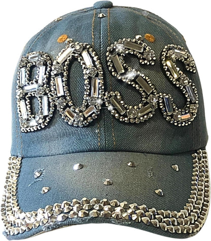 Popfizzy Bling Light Blue Denim Boss Baseball Cap for Women, Best Boss Gifts for Women, Rhinestone Boss Hat, Gifts for Boss Women