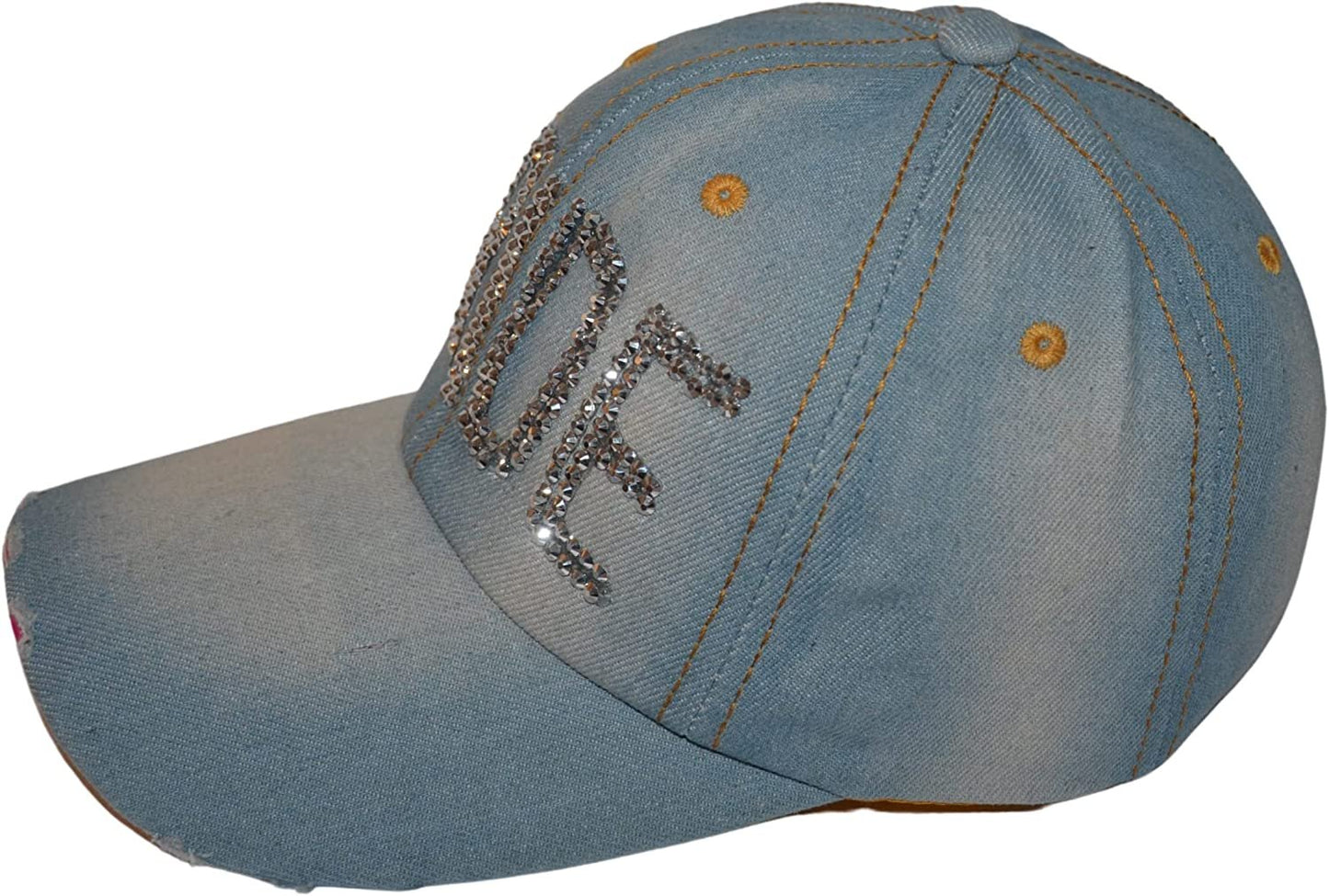 Popfizzy Womens Bling Bride Cap, Rhinestone Baseball Cap, Bejeweled Distressed Denim Hat, Bling Gifts for Women