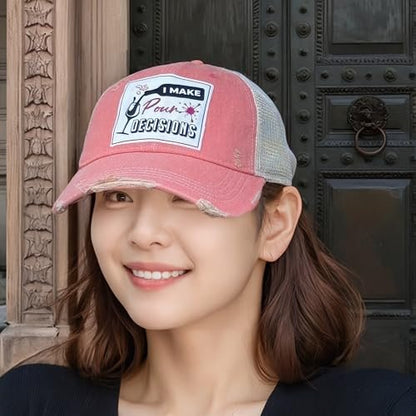 Popfizzy Funny Vintage Trucker Hats for Wine Drinkers, Adult Humor Caps, Distressed Baseball Cap (I Make Pour Decisions)