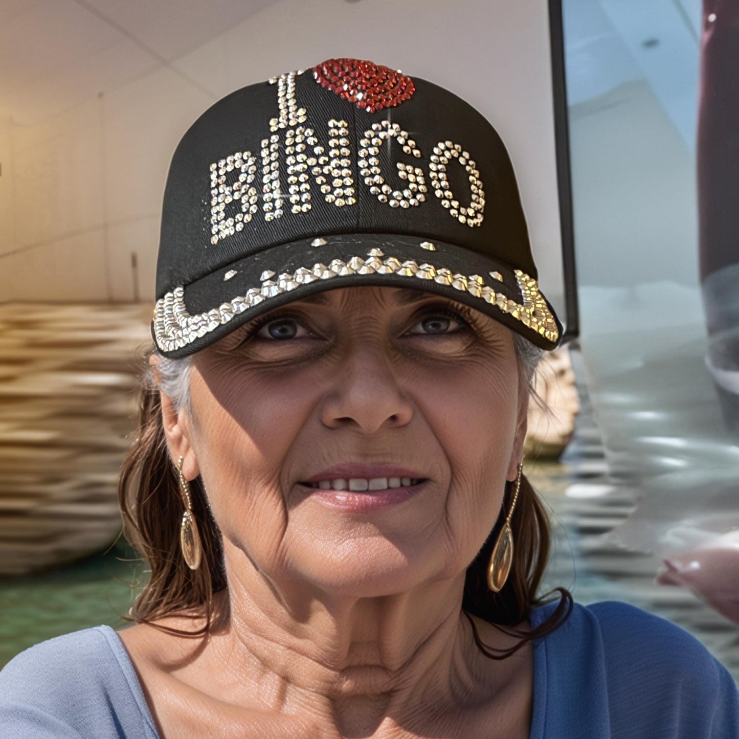 Popfizzy Bingo Lover Baseball Hat for Women, Black Bling Rhinestone I Love Bingo Hat, Adult Bedazzled Bingo Gift