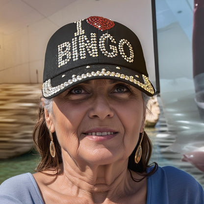 Popfizzy Bingo Lover Baseball Hat for Women, Black Bling Rhinestone I Love Bingo Hat, Adult Bedazzled Bingo Gift