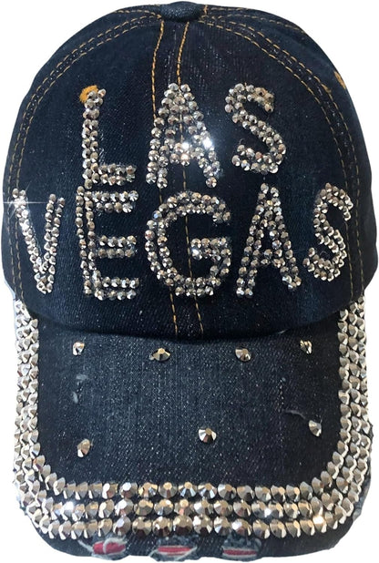 Popfizzy Las Vegas Hat for Women, Adult Distressed Bling Denim Blue Hat