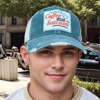 Popfizzy Funny Vintage Trucker Hats for Coffee Drinkers, Adult Humor Caps, Fun Distressed Baseball Cap (Coffee and Sarcasm)
