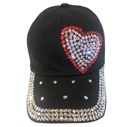 Bedazzled Rhinestone Heart Hat for Women, Black Bling Baseball Cap, Sparkly Gift