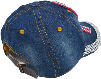 Popfizzy Women’s Distressed Rhinestone Bejeweled Cotton Baseball Hat Sparkle Bling Cap (Pink Ribbon)