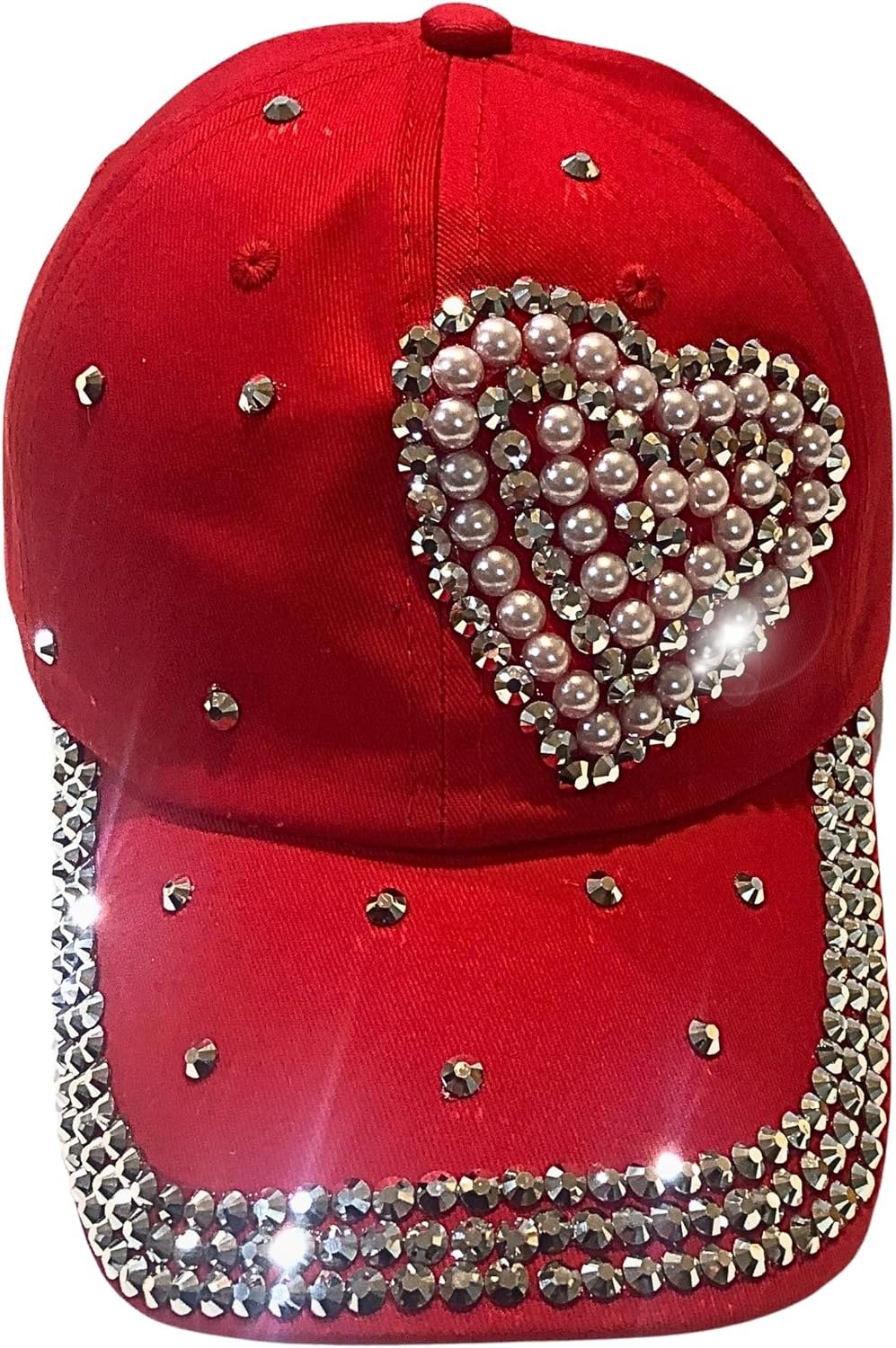 Popfizzy Bling Red Pearl Heart Hat for Women, Adult Hat, Cotton