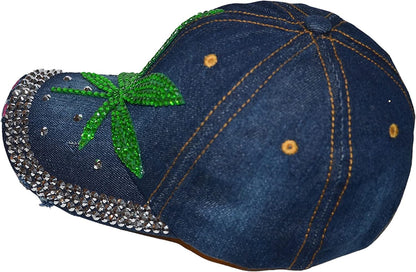 Popfizzy Rhinestone Weed Hat, Women’s Bling Pot Leaf Hats, Marijuana Denim Baseball Caps, Cannabis Cap (Weed Leaf, Denim)